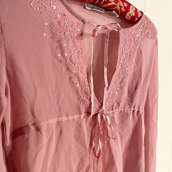 Pink sheer vintage long sleeve front tie top - Picture 3 of 4